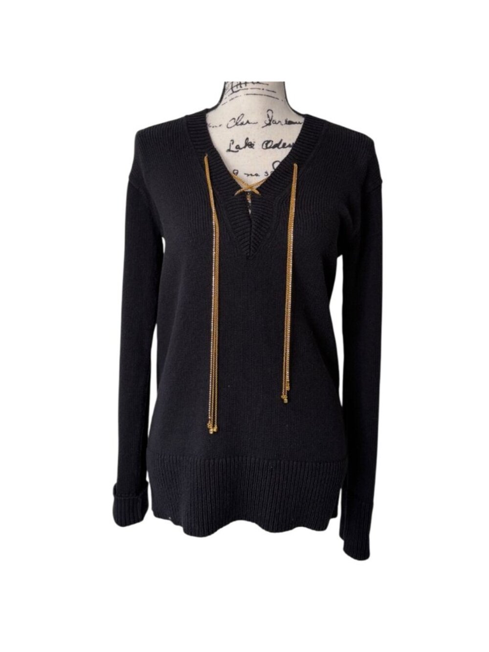 St. John Womens XS Sweater Black Knit With Gold Chain Detail V-Neck